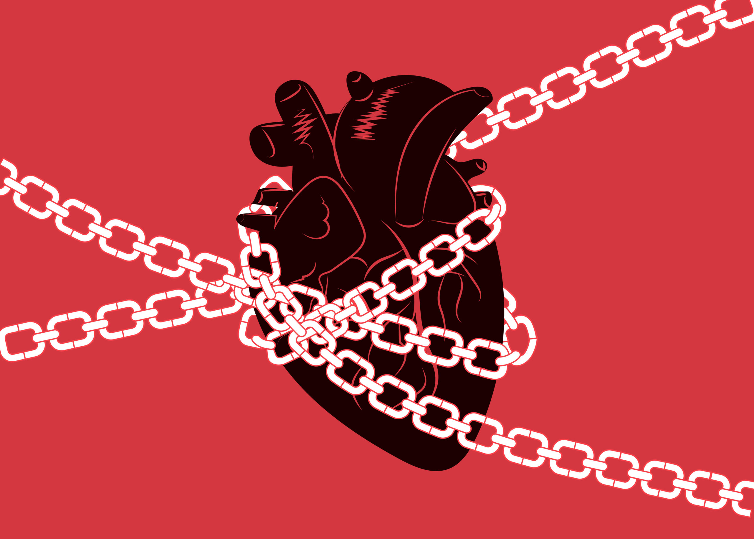 Anatomical,Human,Heart,Wrapped,In,Chains.,Represents,Broken,Heart,Or