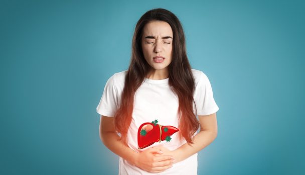 Sick,Woman,Suffering,From,Pain,And,Illustration,Of,Unhealthy,Liver
