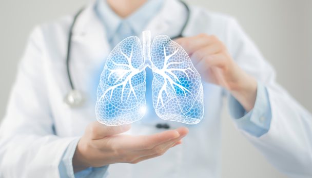 Female,Doctor,Holding,Virtual,Lungs,In,Hand.,Handrawn,Human,Organ,