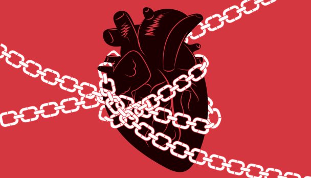 Anatomical,Human,Heart,Wrapped,In,Chains.,Represents,Broken,Heart,Or