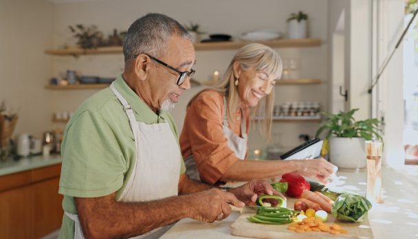 Kitchen,,Vegetables,And,Elderly,Couple,With,Cooking,For,Healthy,Dinner,